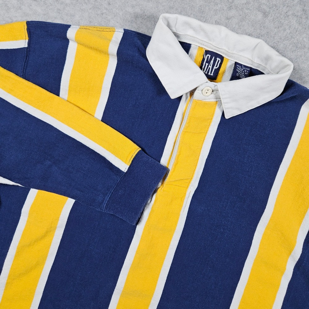 Vintage Gap Mens Large Blue Yellow Striped Rugby Shirt Preppy Long Sleeve Cotton
